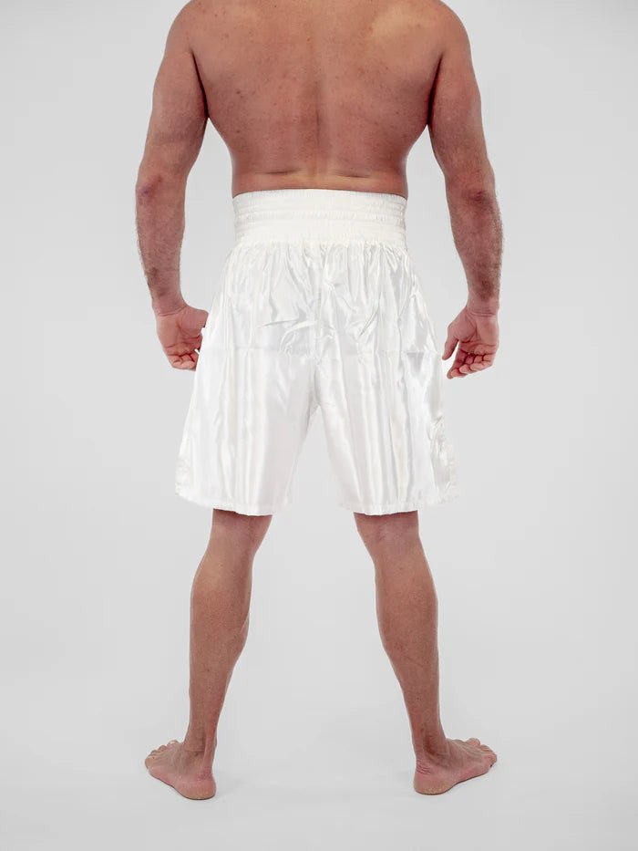 Rear view Pro Line boxing shorts white traditional long cut