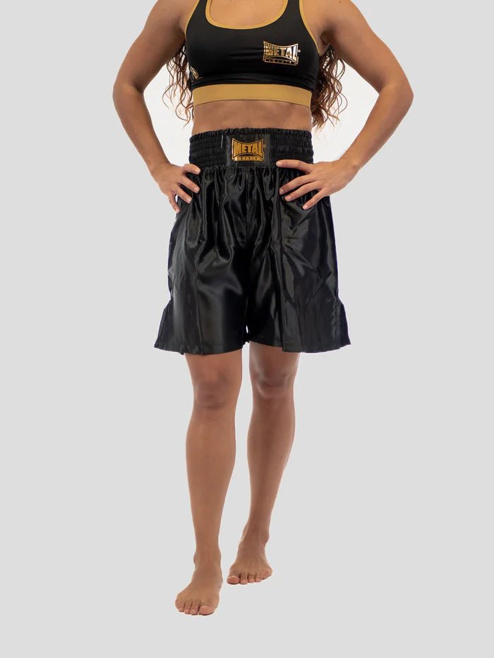 Front view professional black and gold Metal Boxe Pro Line English boxing shorts