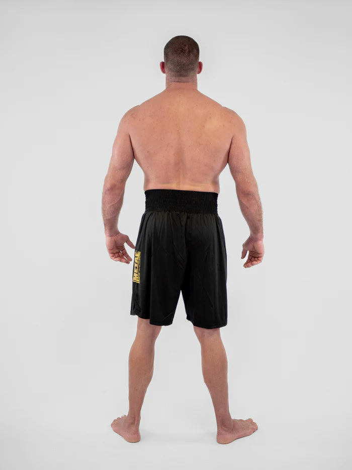 Vista posteriore pantaloncini boxe inglese Metal Boxe Water neri dettaglio ampia fascia elastica