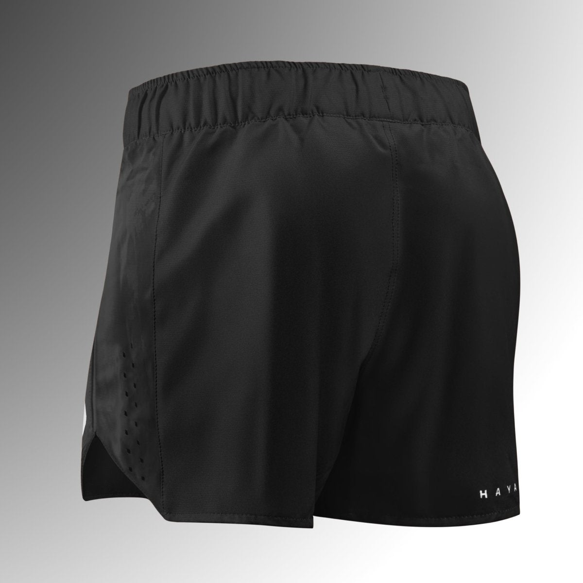 Rückansicht der Hayabusa Apex Shorts schwarz, reißfestes Design mit Laser-Belüftungslöchern