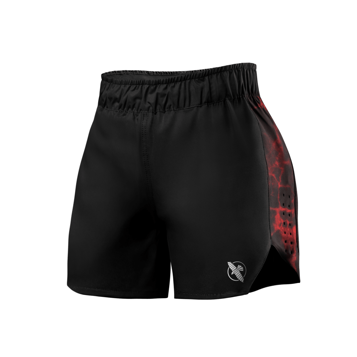 Vue de face du short UFC BJJ femme noir avec accents rouges, idéal pour les entraînements intenses