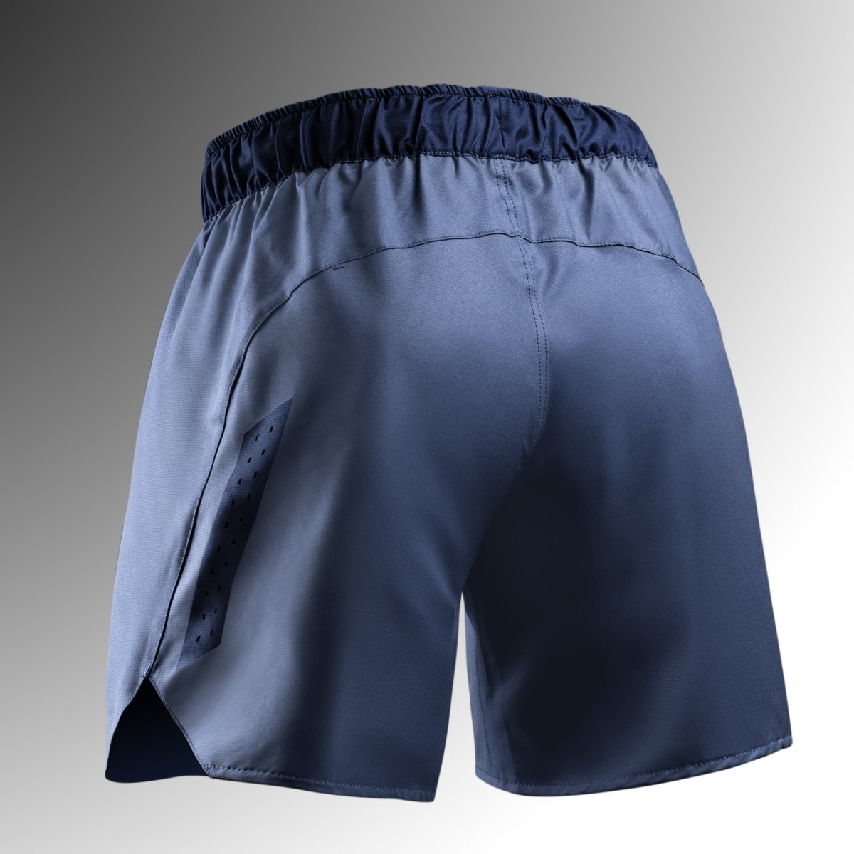 Rear view of the blue Hayabusa Core shorts, ergonomic fit for rolling