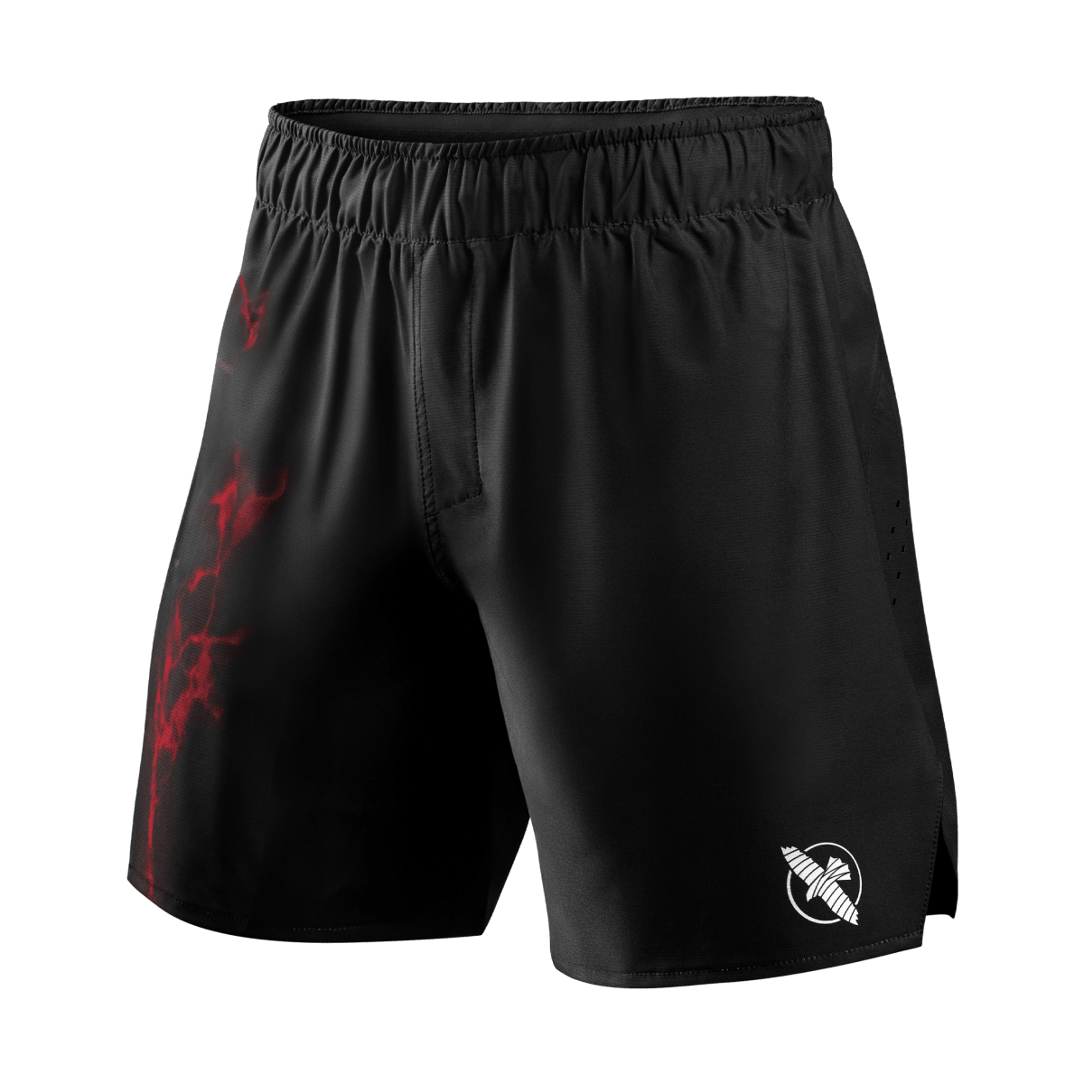 Vue de face du short de grappling officiel UFC BJJ en noir avec détails rouges et ceinture adaptative