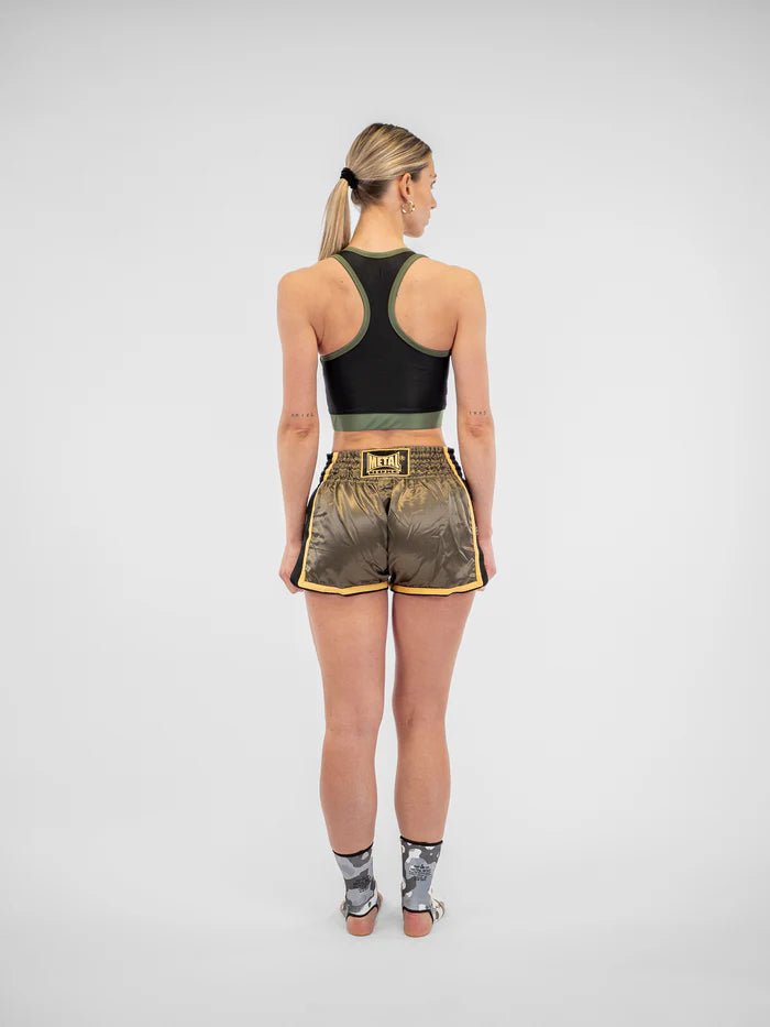 Pantaloni scurți Muay Thai damă cu vedere din spate Metal Boxing Extrem verde militar cu talie elastică