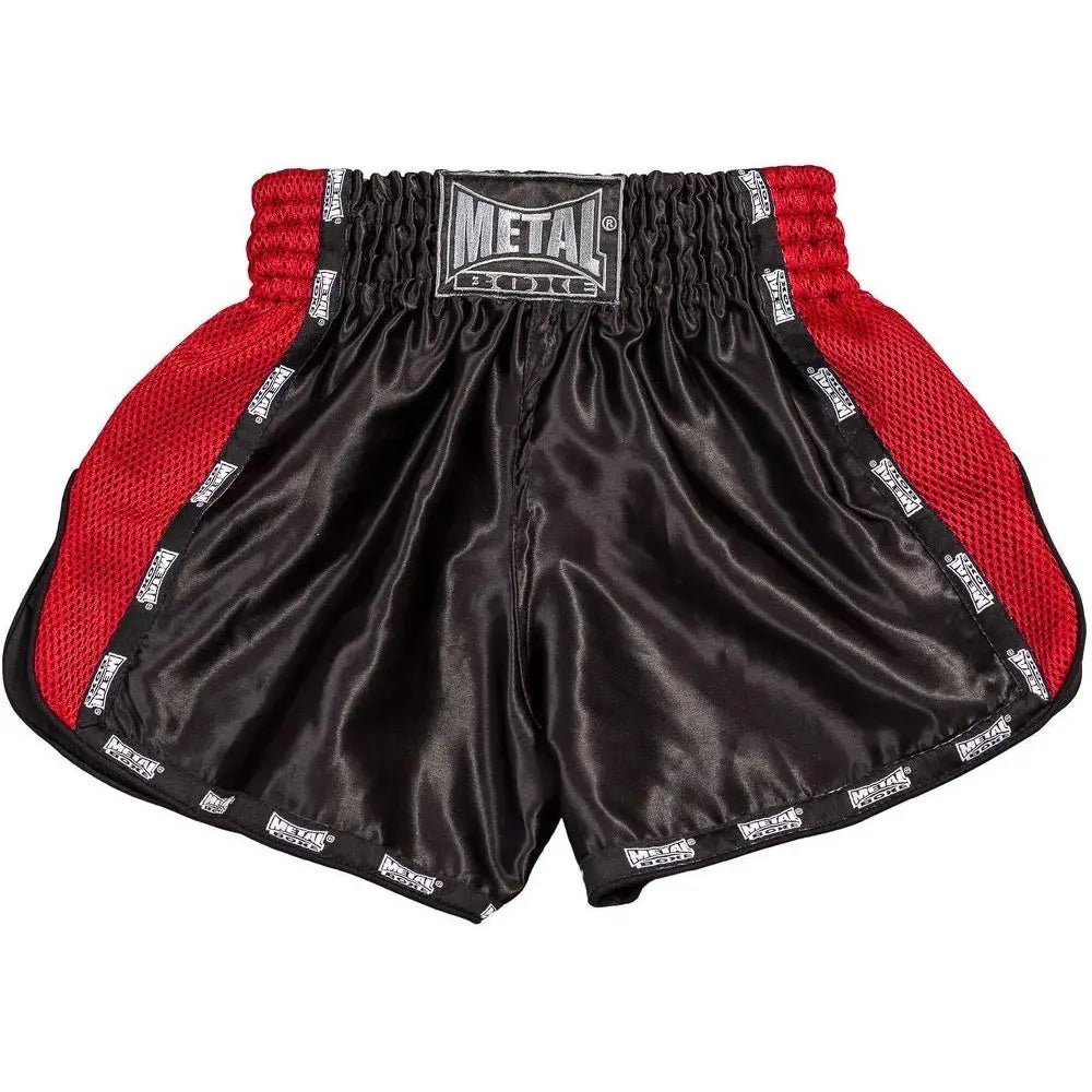 Vedere frontală Pantaloni scurți de kickboxing pentru bărbați Metal Boxe Extrem negru roșu pentru sparring