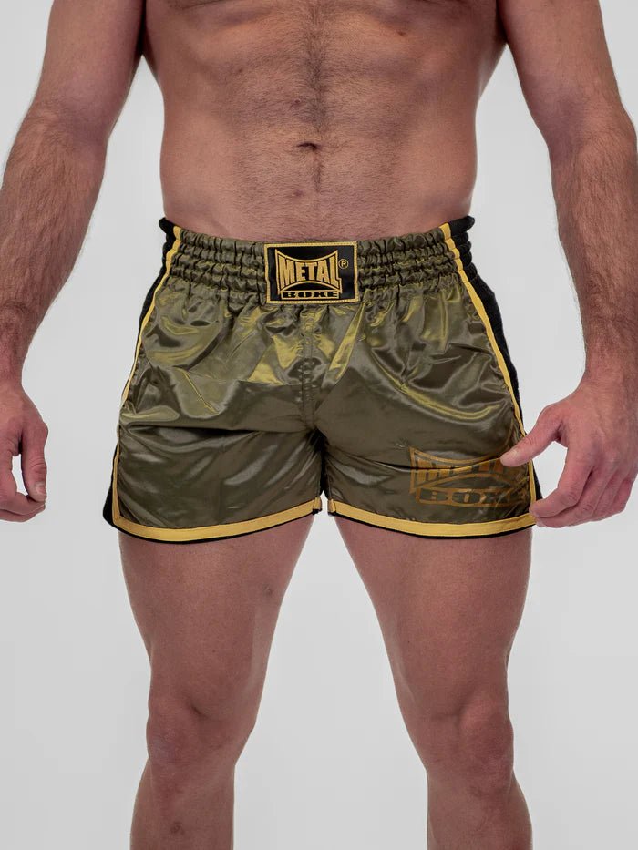 Vedere frontală Pantaloni scurți de kickboxing pentru bărbați Metal Boxe Extrem camo verde militar
