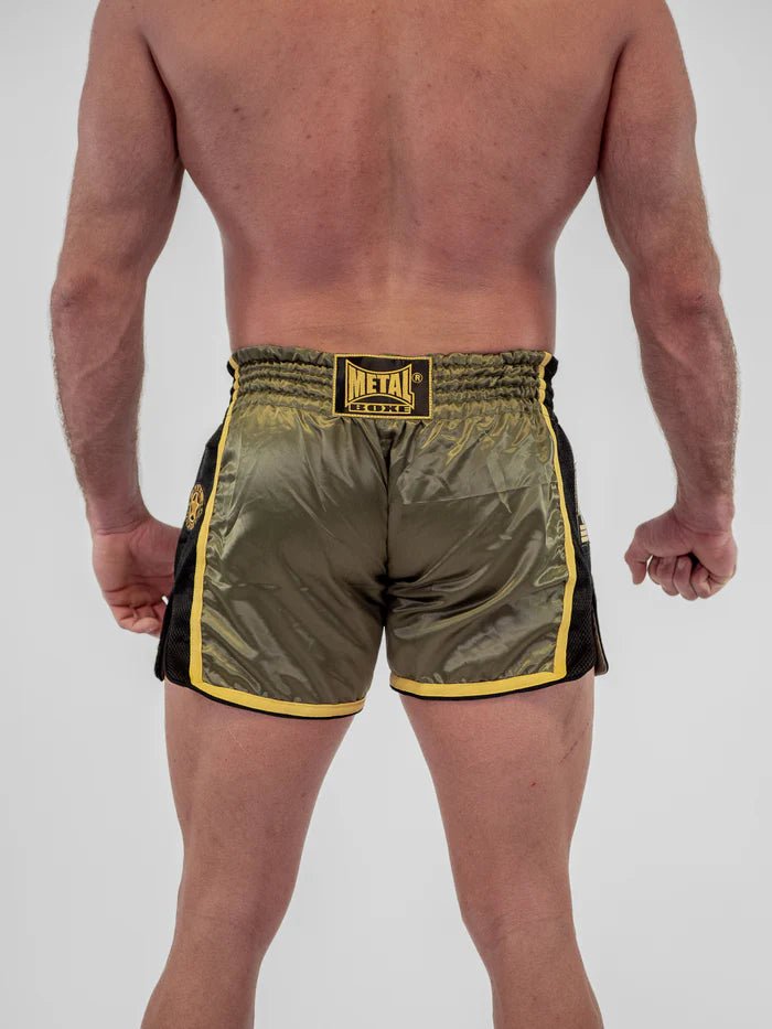 Pantaloni scurți Muay Thai bărbați cu vedere din spate Metal Boxing Extrem verde militar de înaltă rezistență