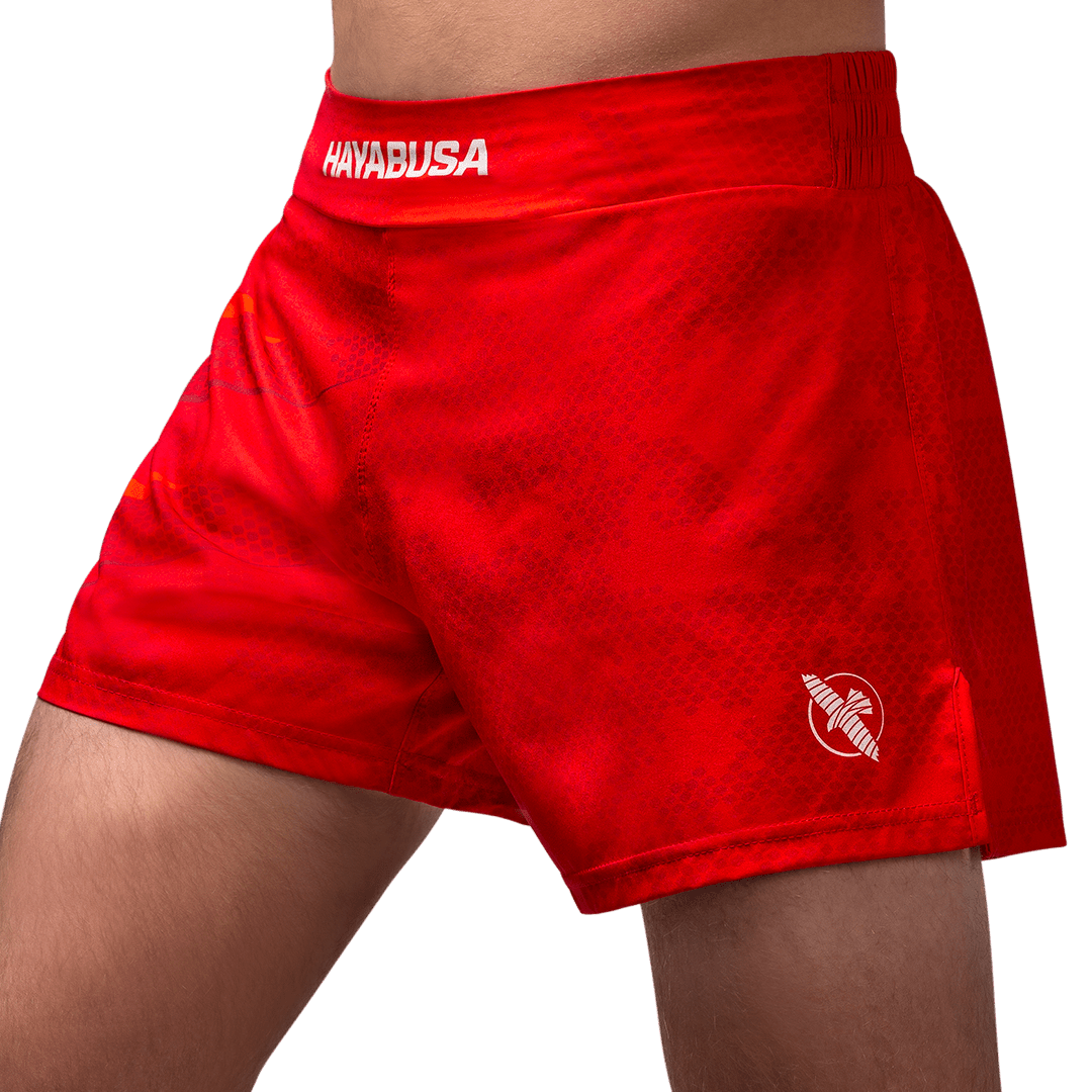 Front view of the red Hayabusa Arrow kickboxing shorts, short cut for maximum freedom of movement