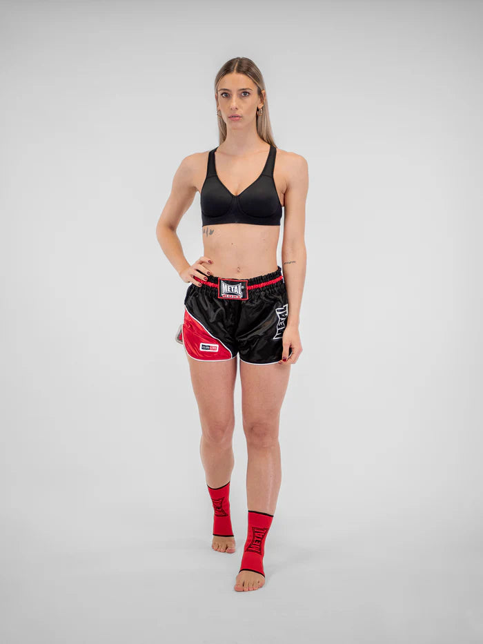 pantaloncini-kickboxing-muay-thai-metal-boxe-club-line-nero-rosso-donna-lato-dettaglio