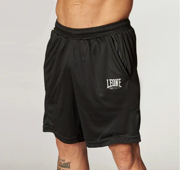 Front view of the Leone 1947 Logo Cool Touch shorts in black with white logo