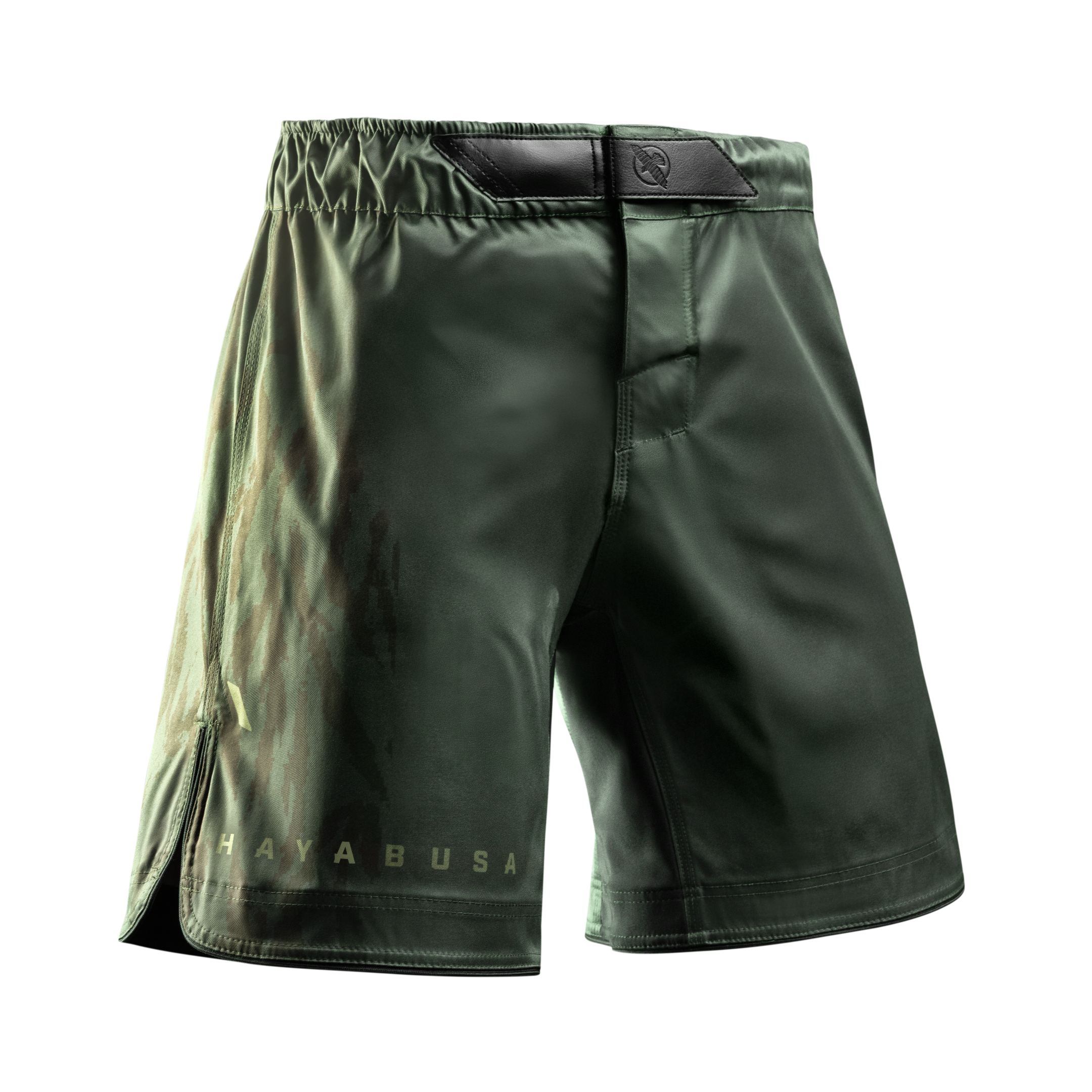 Vista frontale dei pantaloncini MMA Hayabusa Apex 3/4 verdi, sistema di chiusura dual-secure