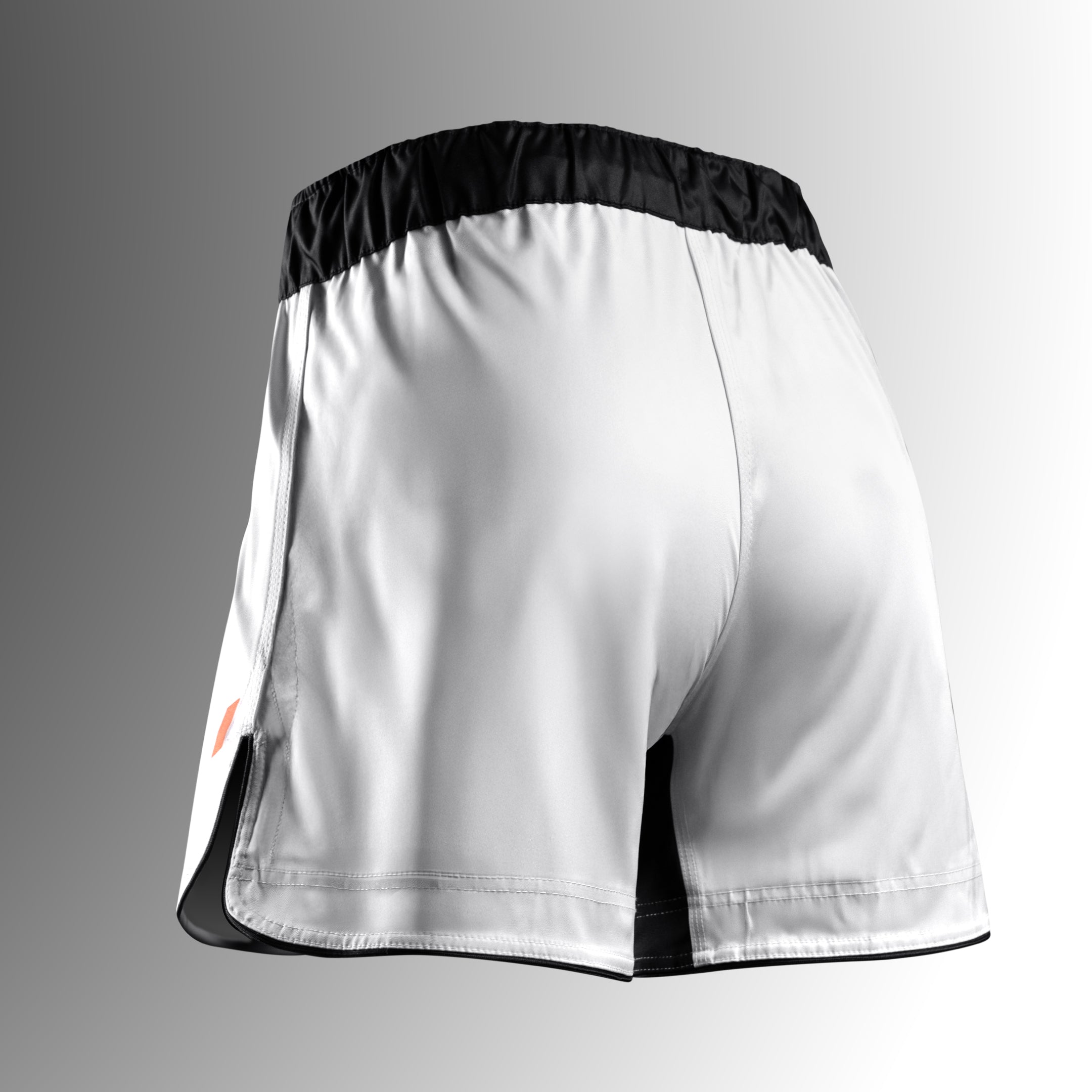 Vista posteriore dei pantaloncini MMA Hayabusa Apex bianchi, sistema di ventilazione laser-cut integrato