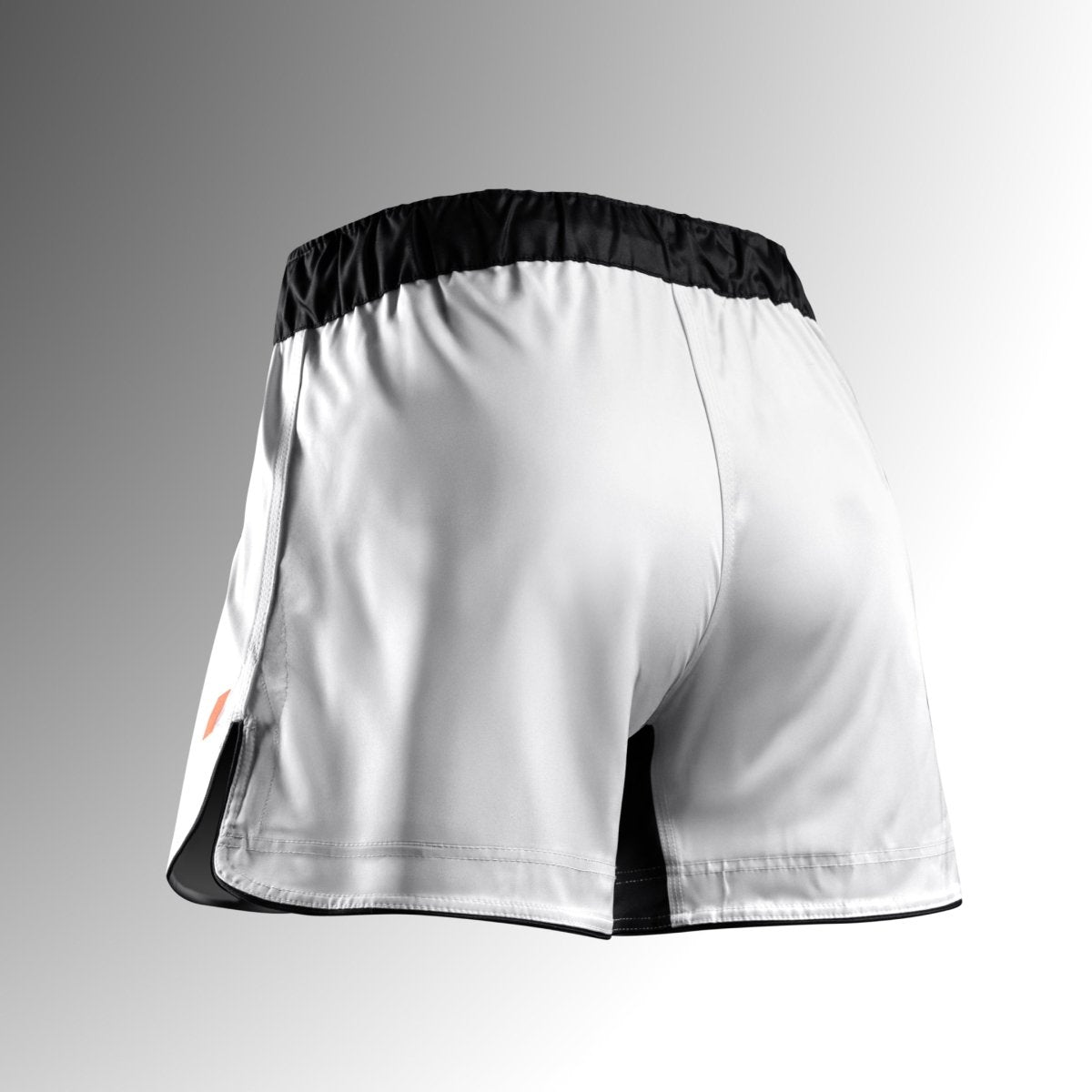 흰색 Hayabusa Apex 허벅지 중간 MMA 반바지의 후면 모습으로 안전한 허리밴드와 찢어짐 방지 원단이 보입니다.
