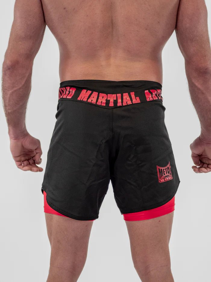 Vue arrière du short de combat Metal Boxing Dual noir rouge