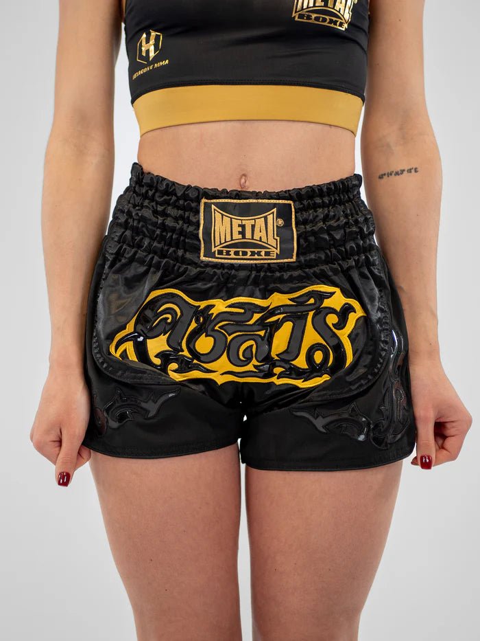 Hauptansicht von vorne: Damen Muay Thai Shorts Metal Boxing Lumpinee Schwarz