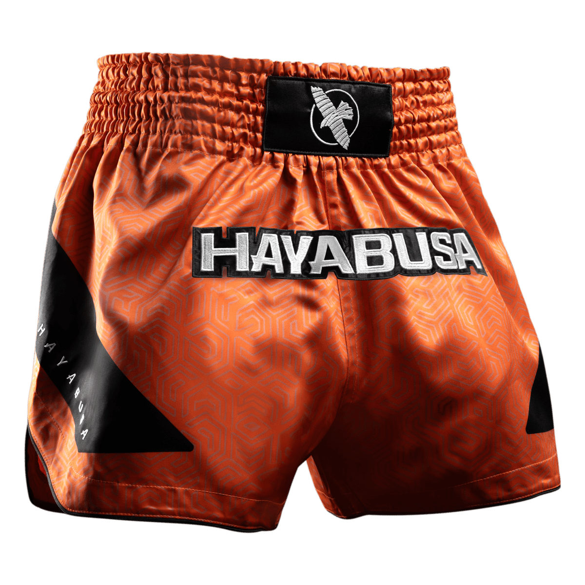 Celana pendek Orange Muay Thai Hayabusa Core dilihat dari depan berbahan kain satin