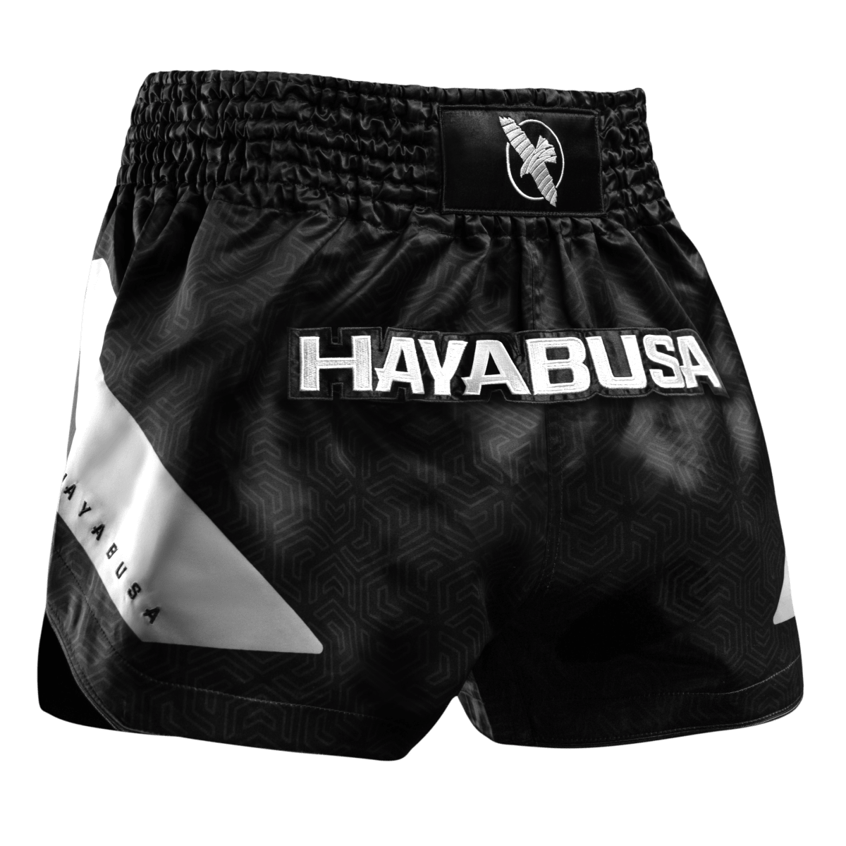 Black Hayabusa Core Muay Thai shorts seen from the front in satin fabric