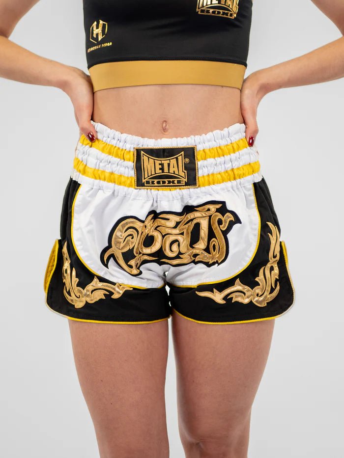 Vedere din față Pantaloni scurți unisex Muay Thai, alb, lumpinee metal, uzați