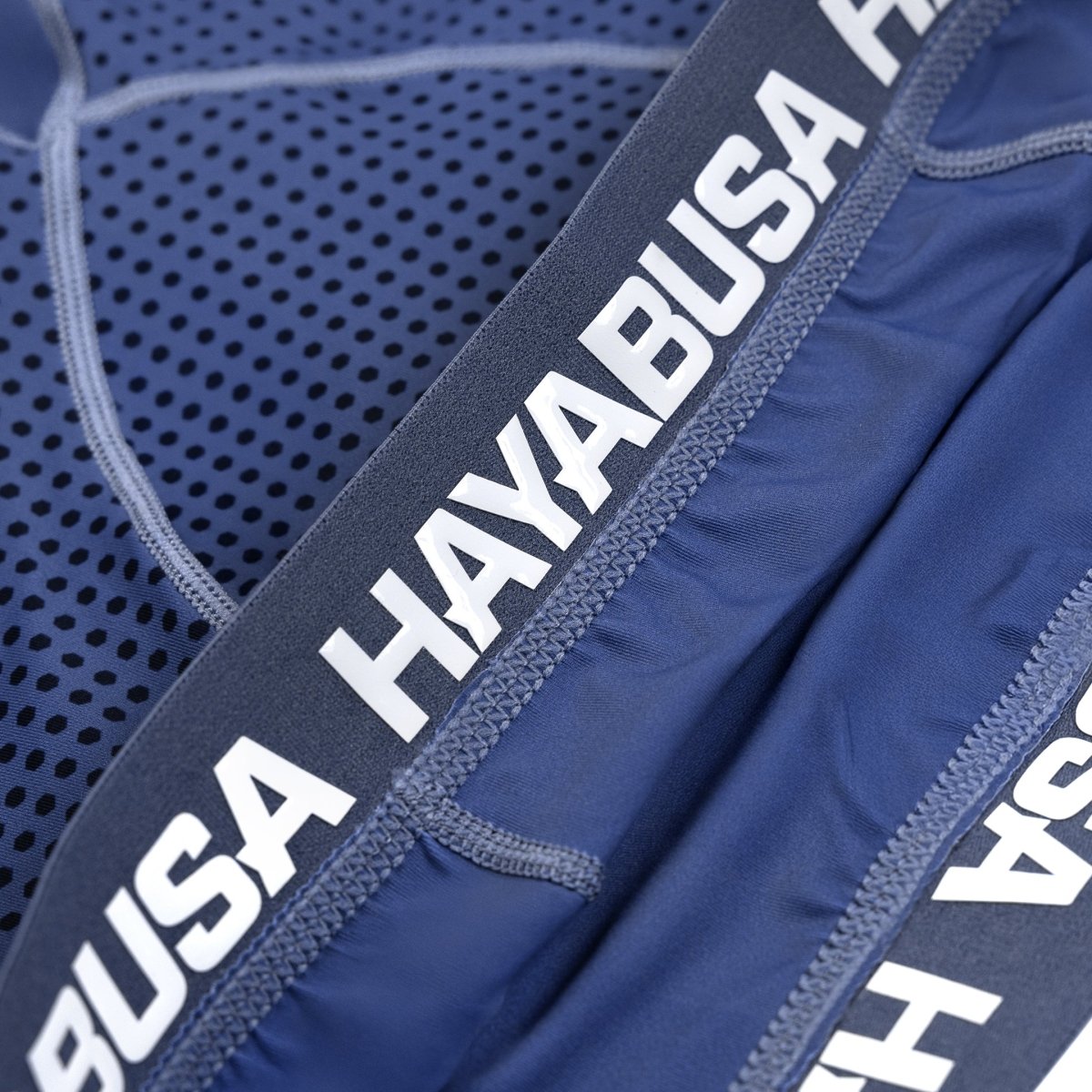 Gros plan du lettrage Hayabusa sur la jambe du short de grappin bleu