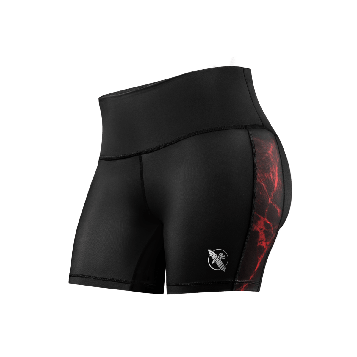 Vorderansicht der schwarzen Vale Tudo UFC BJJ Damenshorts mit roten Details