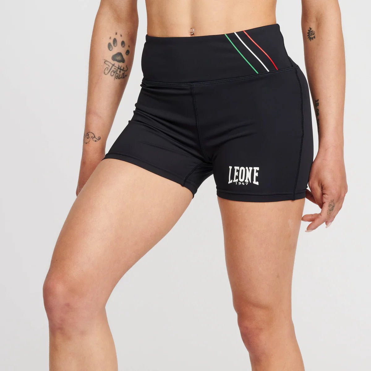 Front view of the black Leone 1947 Flag tight-fitting shorts with tricolor details