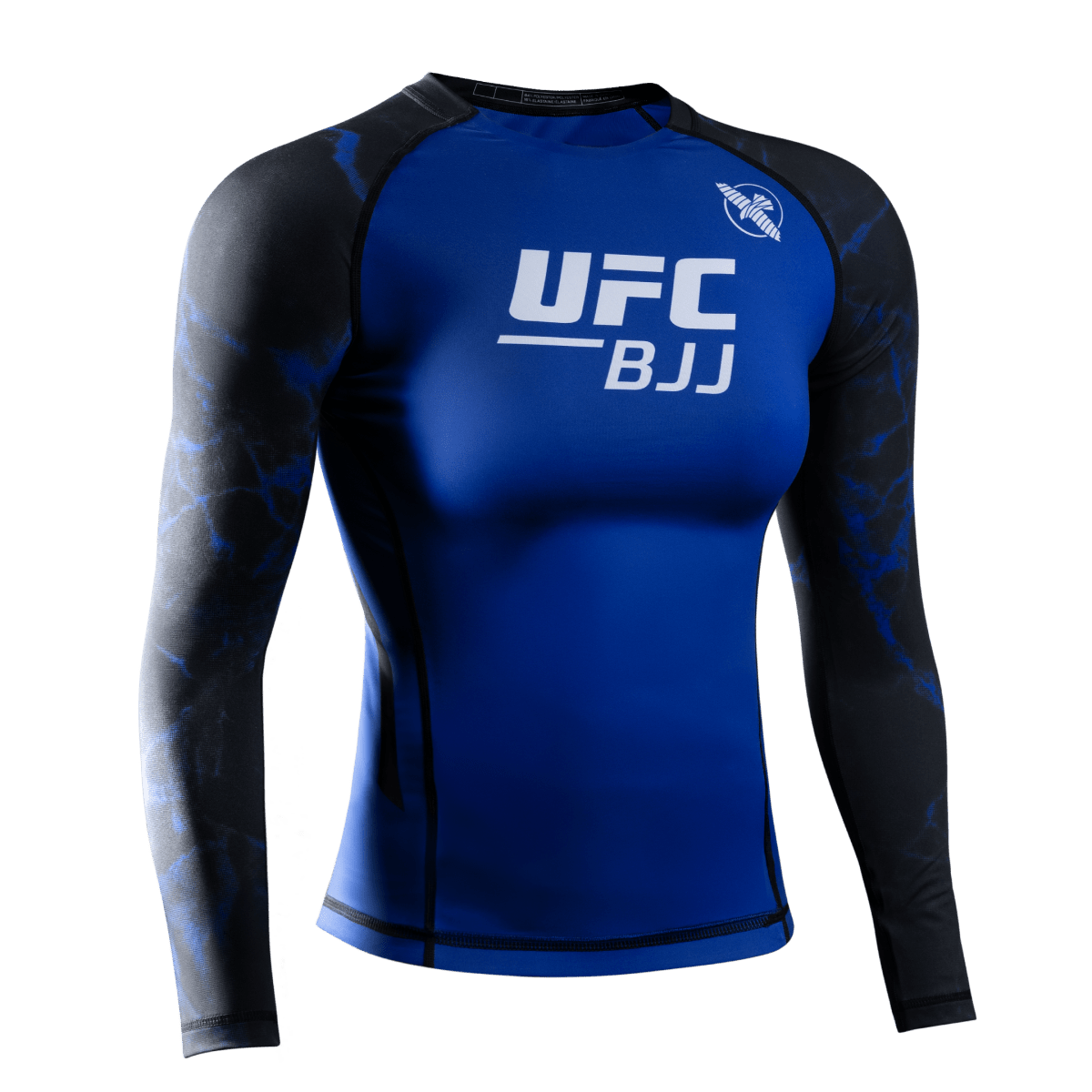 여성 UFC BJJ 긴 소매 래쉬가드의 전면 모습은 파란색 액센트가 있는 검정색이며 경쟁적인 그래플링에 이상적입니다.
