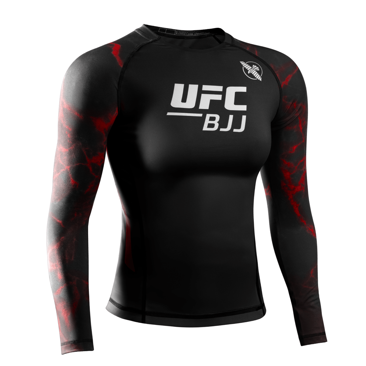 Vue de face du rashguard UFC BJJ à manches longues pour femme en noir avec détails rouges, tissu de compression 200 GSM