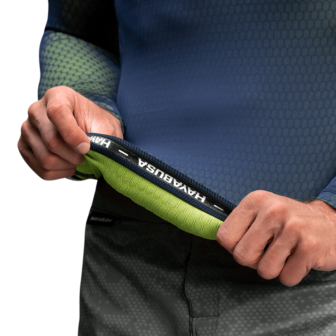 Vnitřní detail modro/zeleného chrániče proti vyrážce Hayabusa Fusion s protiskluzovou silikonovou rukojetí