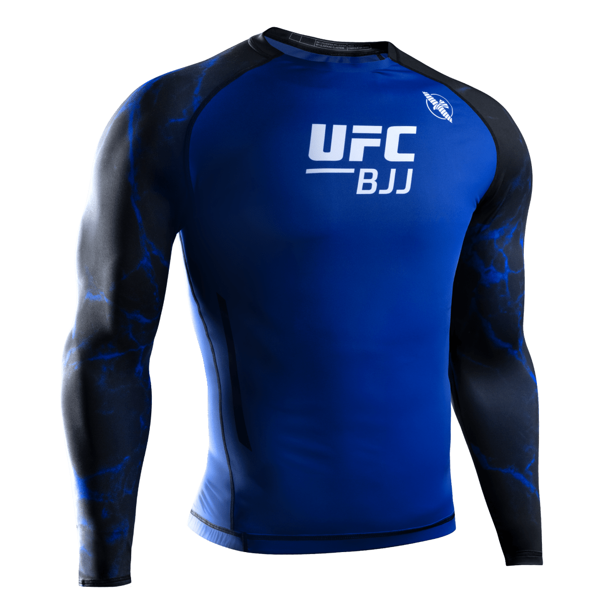 Vorderansicht des offiziellen UFC BJJ Langarm-Rashguards in Schwarz und Blau