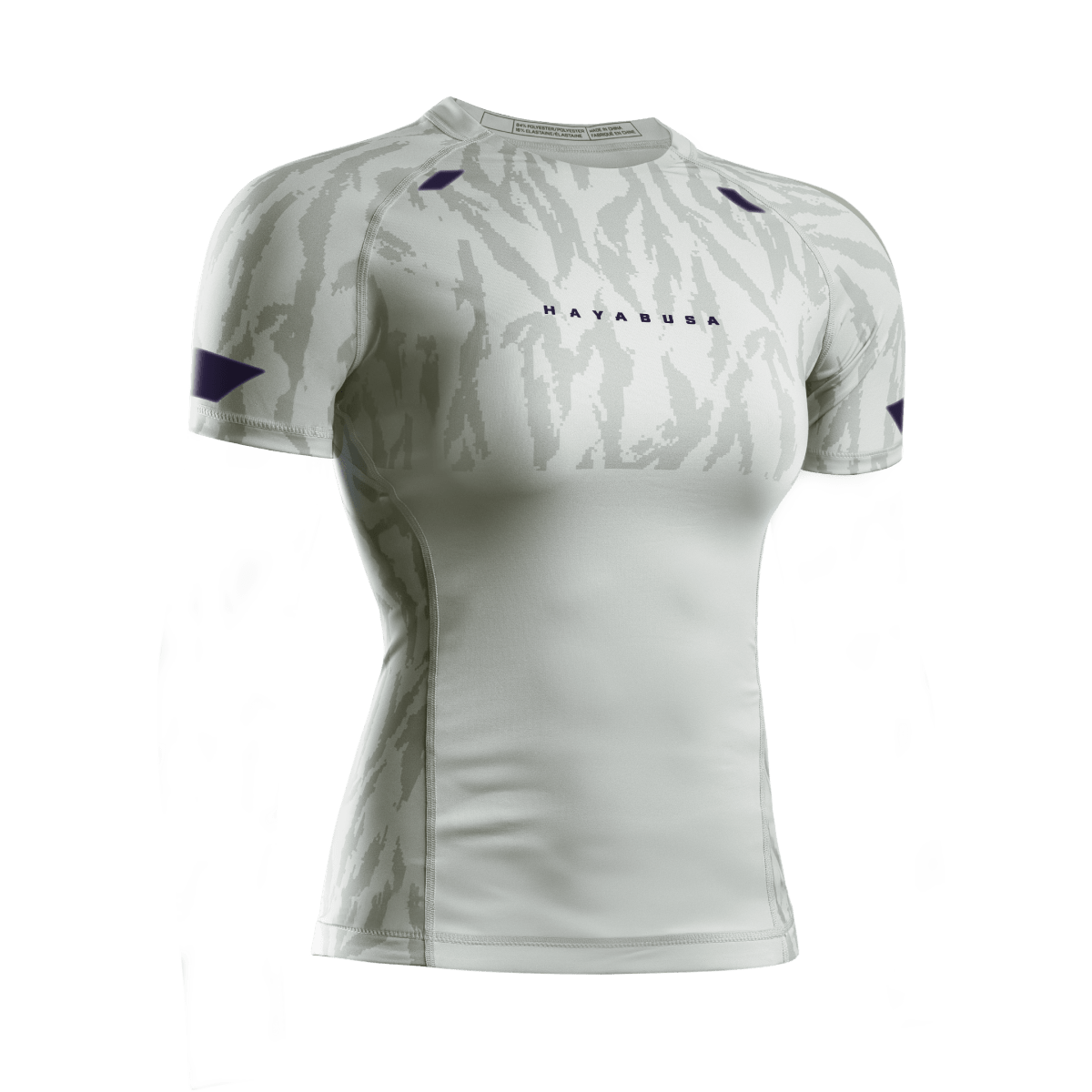 Vue de face du rashguard femme Hayabusa Apex beige à manches courtes, tissu technique pour JJB et MMA