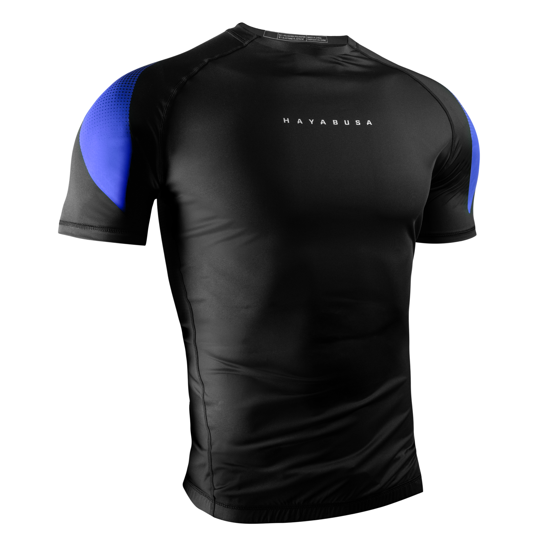 Vista frontale della rashguard Hayabusa Pro Ranked blu a maniche corte, vestibilità a compressione per cinture blu