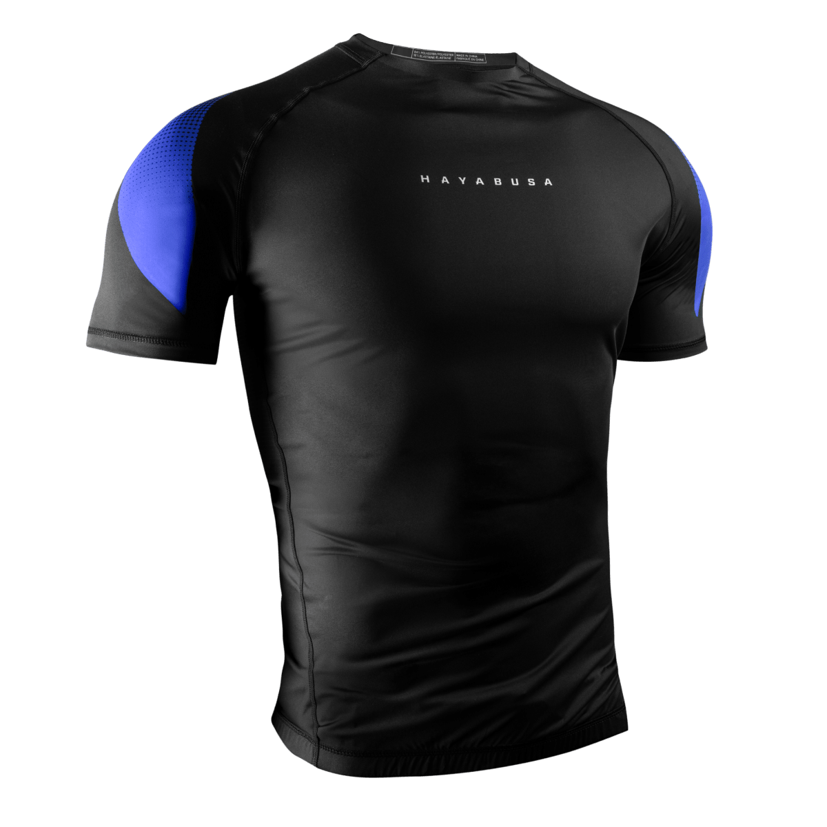 Vorderansicht des Hayabusa Pro Ranked Blue Kurzarm-Rashguards mit Kompressionspassung für blaue Gürtel