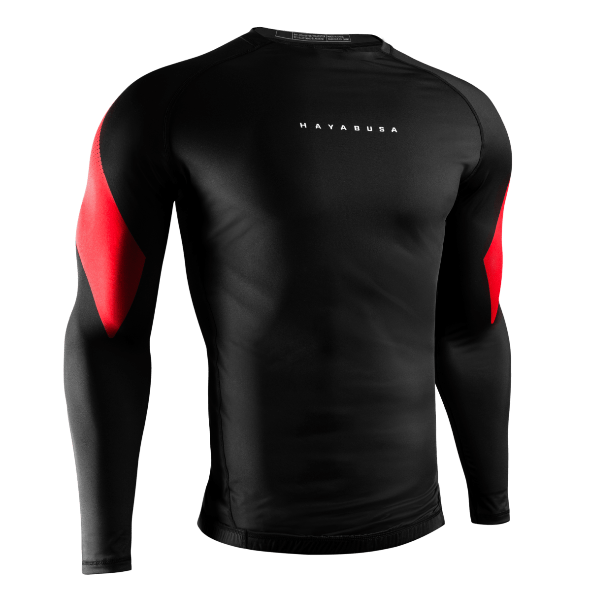 Vorderansicht des schwarzen Hayabusa Pro Ranked Rashguard, Elite-Passform für schwarze Gürtel