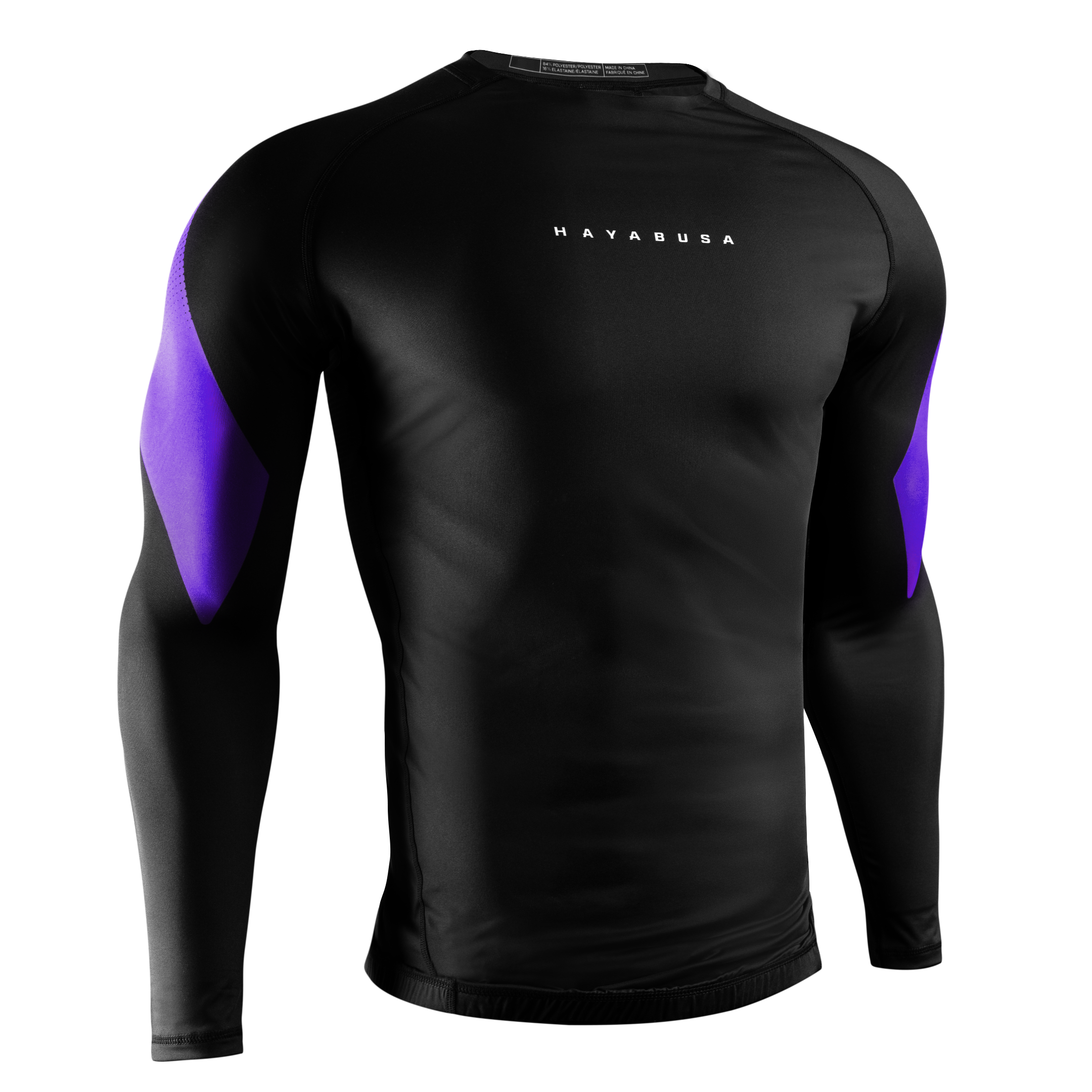 Vista frontale della rashguard Hayabusa Pro Ranked viola, ideale per tornei ufficiali di Jiu-Jitsu