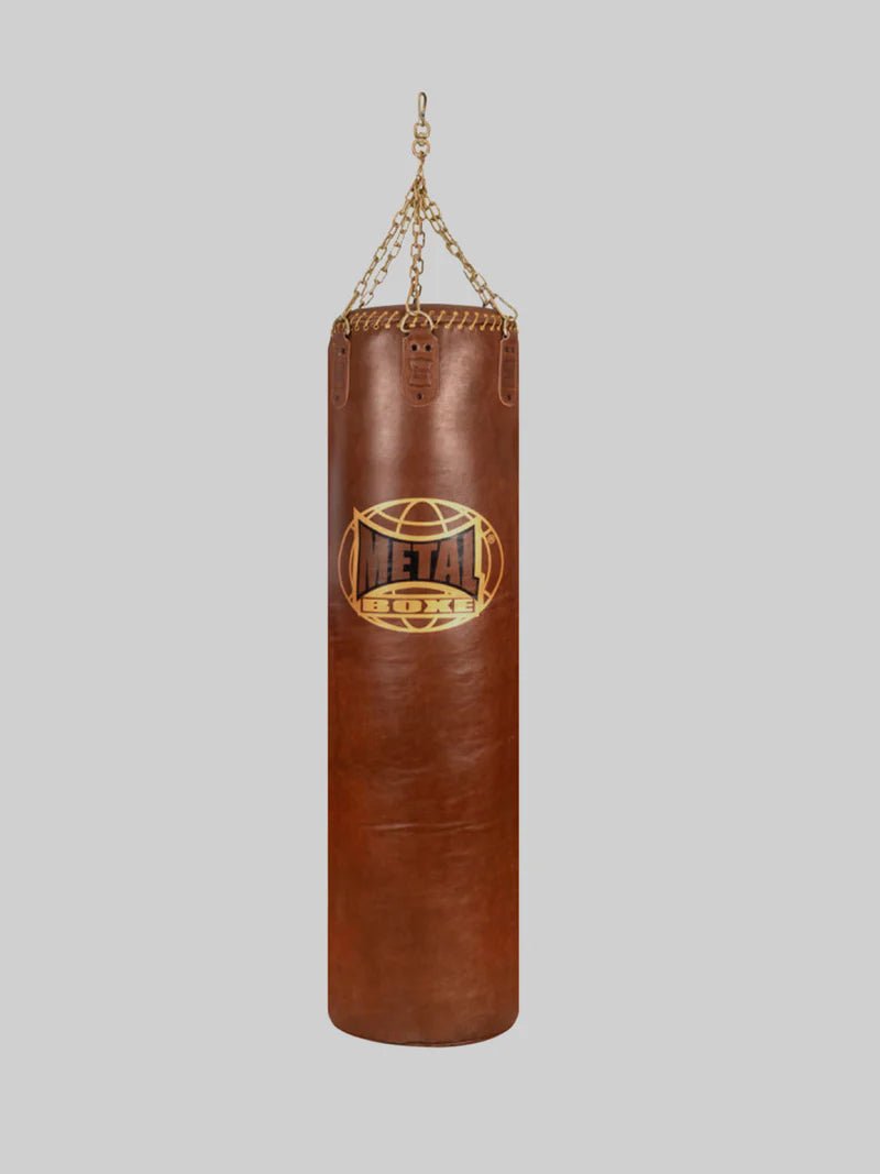 Sac de boxe Metal Boxe Jupiter en cuir de buffle marron avec chaînes en acier