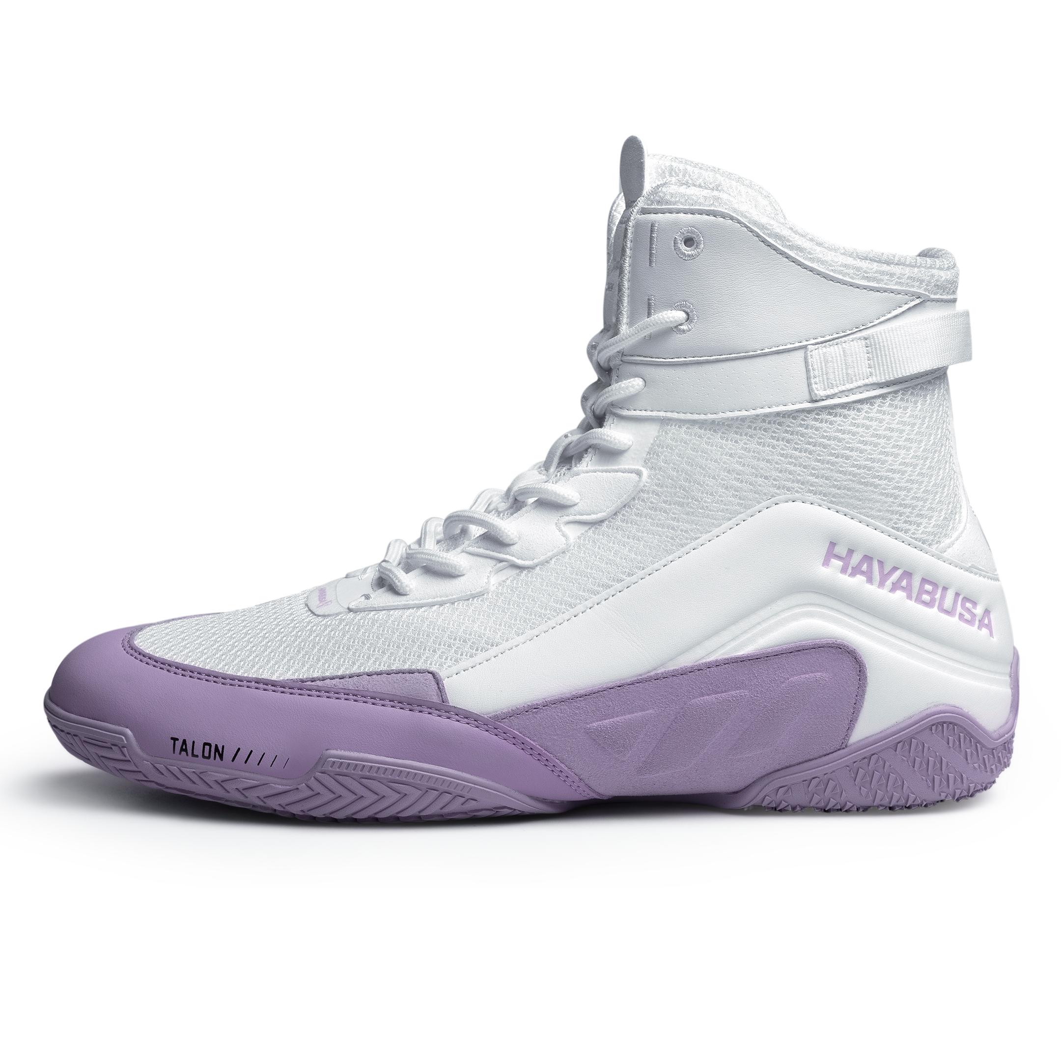 Dettaglio dei materiali in pelle microfibra e mesh delle scarpe Hayabusa Talon bianco lavanda