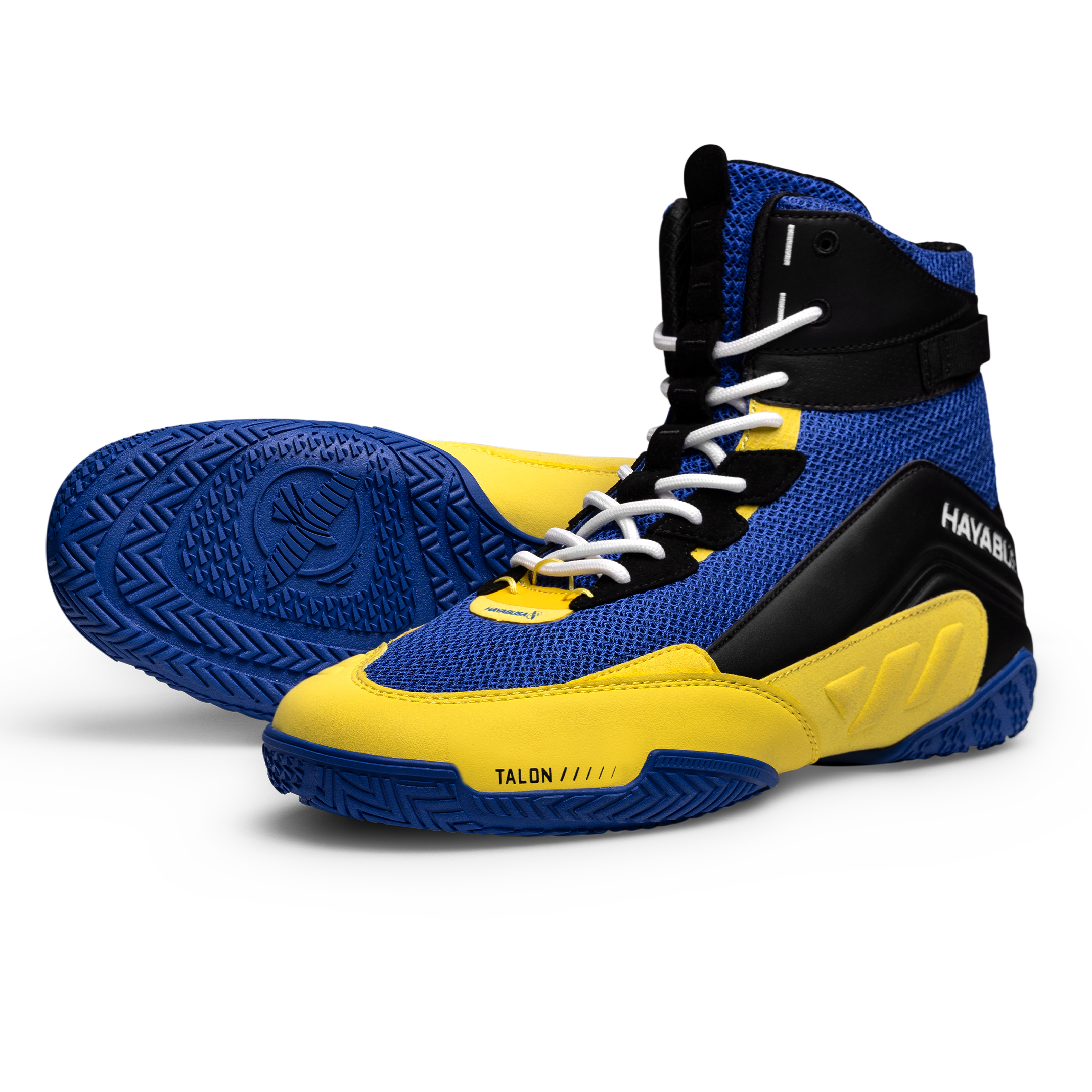 Scarpe da boxe Hayabusa Talon blu e giallo viste frontalmente in primo piano