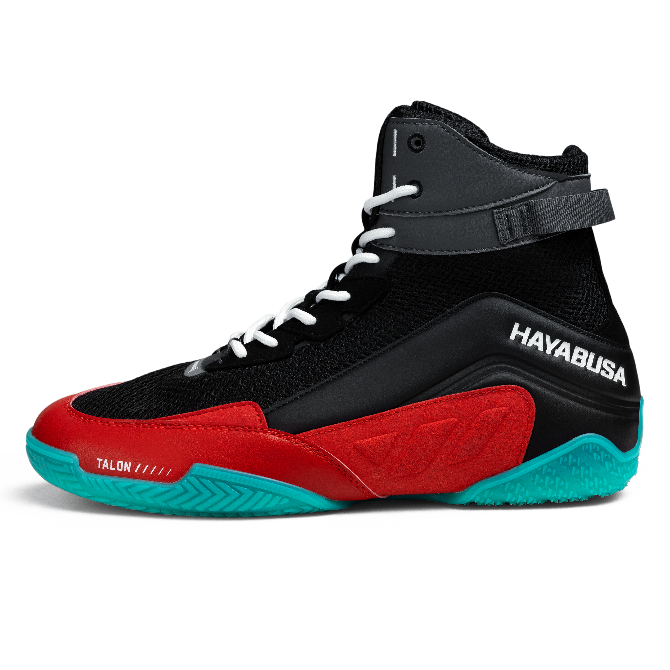 Dettaglio dei materiali in pelle microfibra e mesh delle scarpe Hayabusa Talon nero rosso