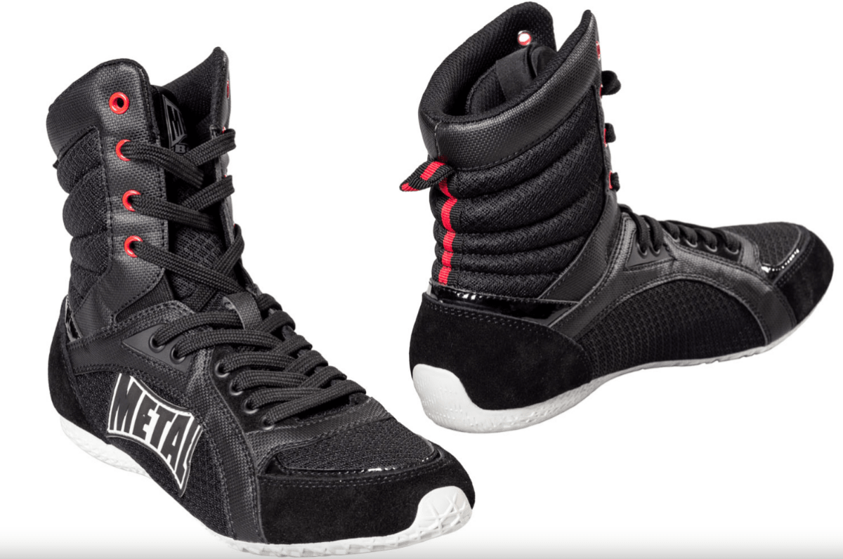 Paar schwarze Metal Boxe Viper IV hohe Schuhe für englisches Boxen