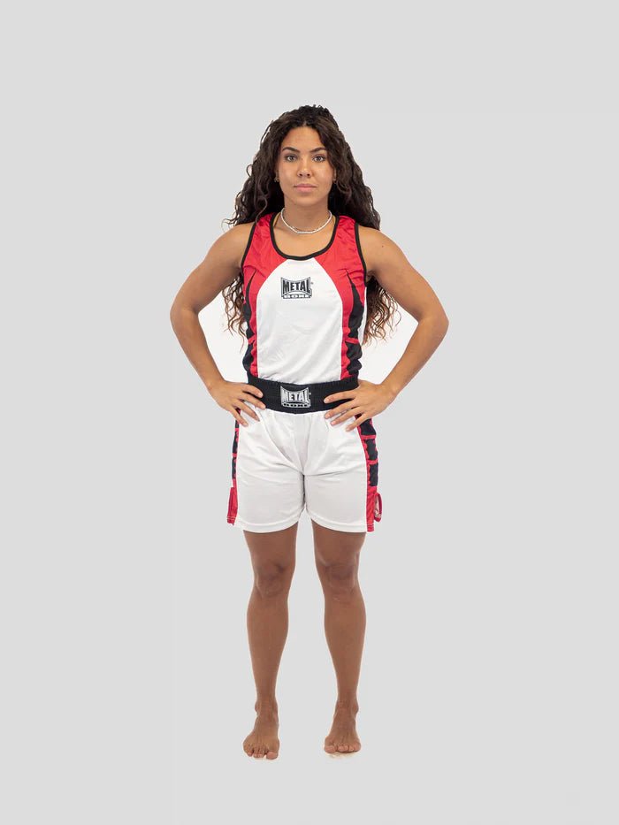 Uniforma de box Metal Boxe albă pentru femei cu vedere frontală completă pentru competiție