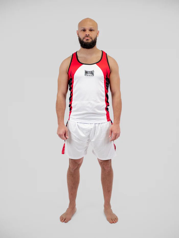 Uniforma de box Metal Boxe albă cu vedere frontală completă pentru competiție