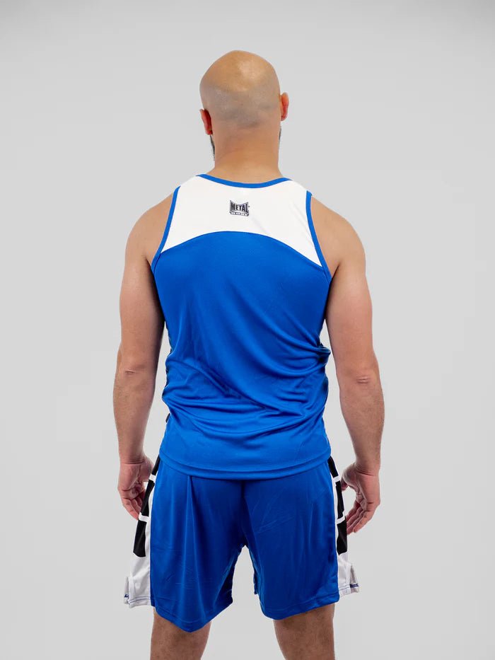 Vedere din spate uniformă de box albastru Metal Box pentru antrenament
