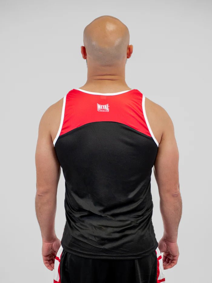 Vedere din spate uniformă de box neagră Metal Boxing design profesional
