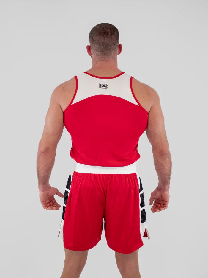 Uniforma de box cu vedere din spate Metal Boxe rosu satinat tehnic