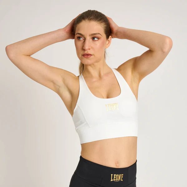 Pohled zepředu na bílý sportovní top Leone DNA pro intenzivní trénink