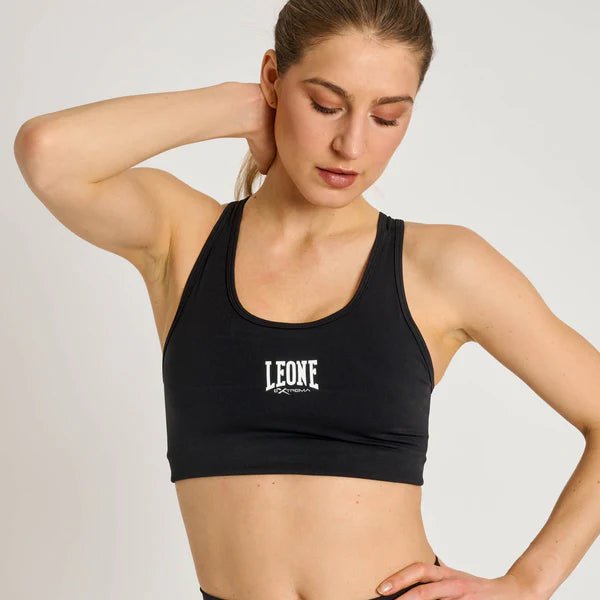 Vorderansicht des schwarzen Leone Logo technischen Sporttops mit Kompressionseffekt