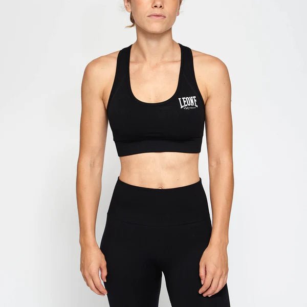 Vorderansicht des nahtlosen schwarzen Leone Logo-Tops mit mittlerem Halt