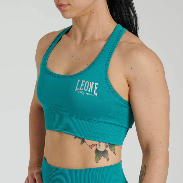 Vista frontale del top tecnico verde acqua Leone Logo Seamless