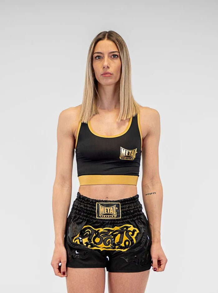 Vorderansicht: Schwarz-goldenes Metall-Boxsport-Top aus Lycra für das Training