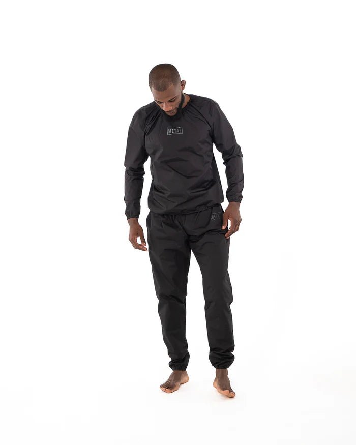 Black Metal Boxing sauna suit for weight loss and cutting, full front view.